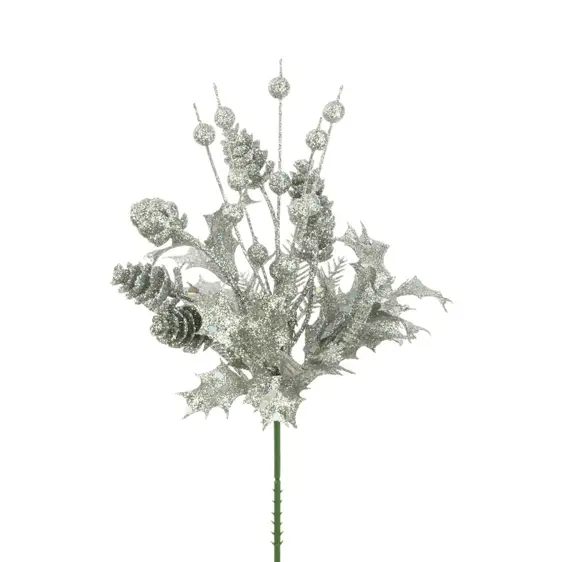 Holly & Pinecones Glitter Pick - Silver