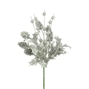 Holly & Pinecones Glitter Pick - Silver