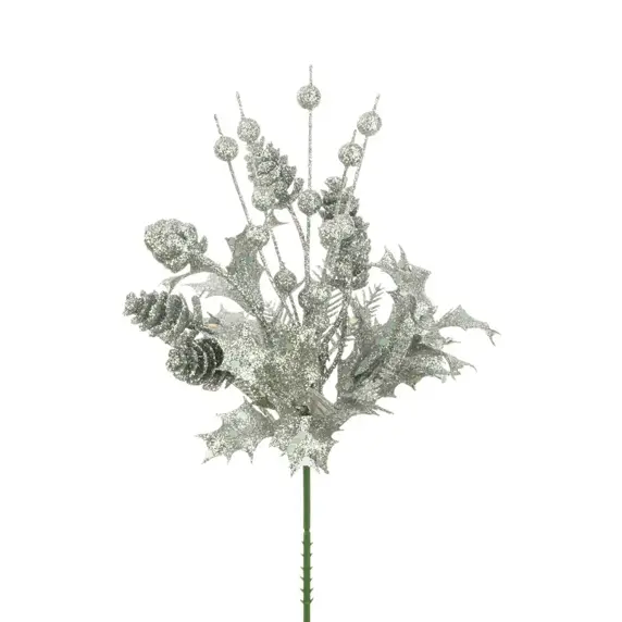 Holly & Pinecones Glitter Spray - Silver