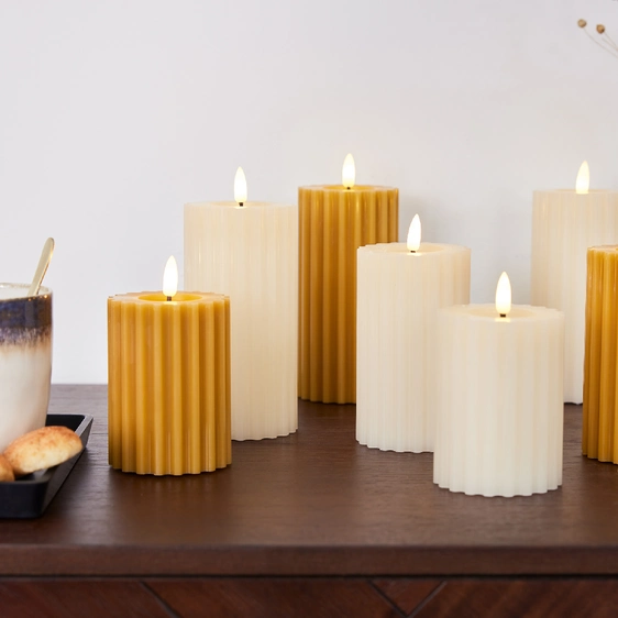 Real Effect Flameless Wax Cream Ribbed Candle - Medium - image 2