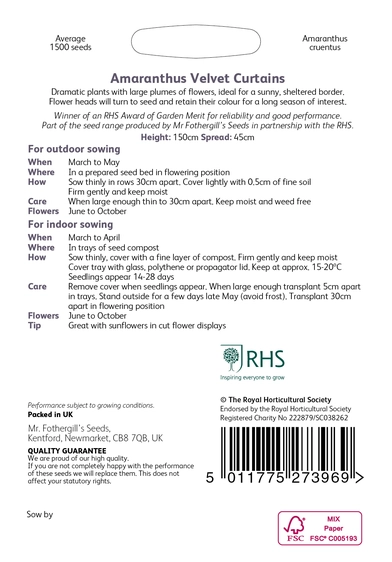 RHS Amaranthus Velvet Curtains Seeds - image 2