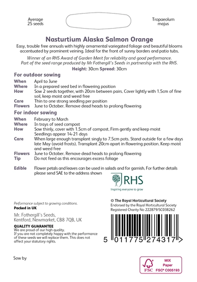 RHS Nasturtium Alaska Salmon Orange Seeds - image 2