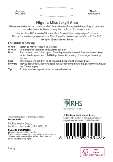 RHS Nigella Miss Jekyll Alba Seeds - image 2
