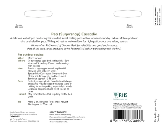 RHS Pea (Sugarsnap) Cascadia Seeds - image 2