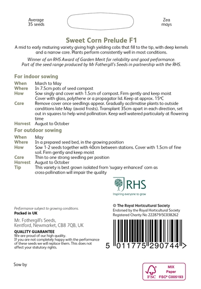 RHS Sweet Corn Prelude F1 Seeds - image 2