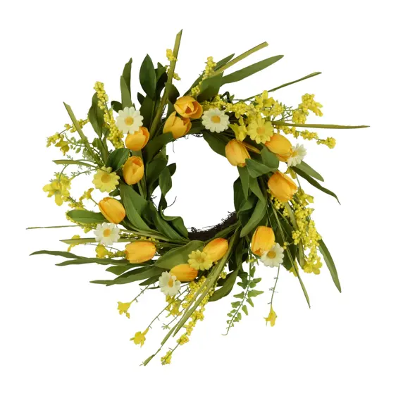 Yellow Tulip and Daisy Artificial Wreath